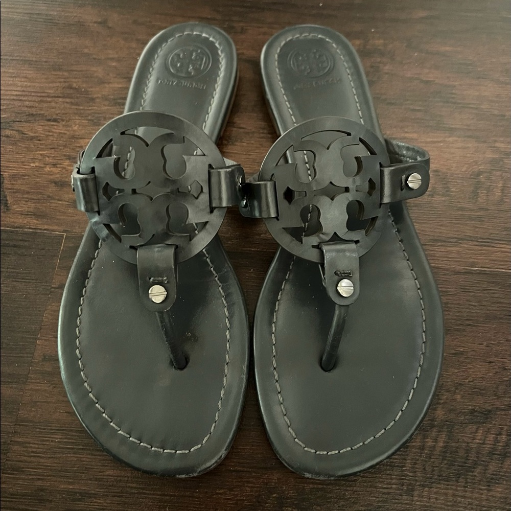 Tory Burch Dark Gray Leather Millers Miller Sandals size 7